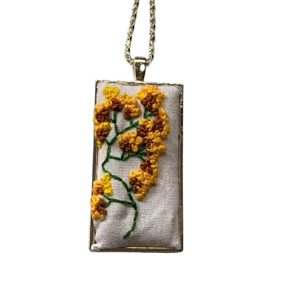 Handmade Embroidered Yellow Necklace in Rectangle Bezel - Picture 2 of 5